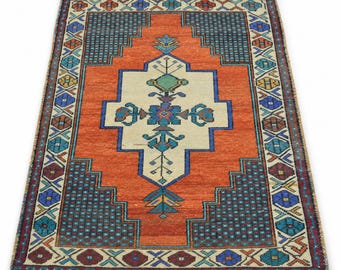 Wool Area Rug: Orange Terracotta Turkish Accent Rug for Entryway Bedroom Living Room (4.6 x 3.1 ft)