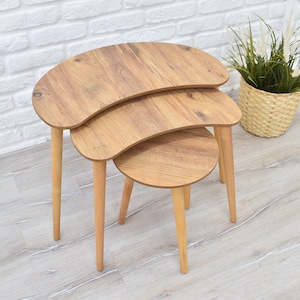 Modern Coffee Table, Nesting Coffee Table Set of 3, Wood Work Tables, Rustic Table Moon Shape Matt Light Oak Color Side Tables