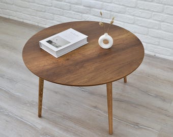 large round coffee table,  living room center table,  walnut colour table, rustic coffee table mdf wood table top with solid wood legs