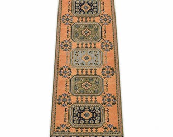 Handmade Turkish Runner Rug, Distressed Orange Medallion Design (3x11.4 ft) Hallway Runner Rug for Kitchen Entrway Bedroom
