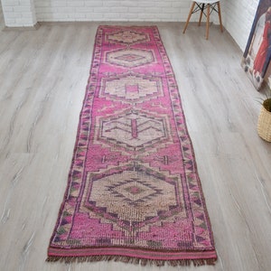 Bohemian Runner Rug, Wool Runner Rug, Long Vintage Turkish Runner Rug, Oushak Style Herki Runner for Hallway and Staircase  11.8 x 2.8 ft