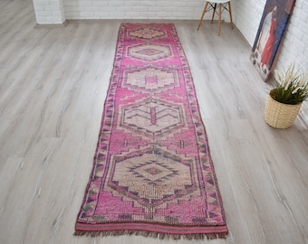 Bohemian Runner Rug, Wool Runner Rug, Long Vintage Turkish Runner Rug, Oushak Style Herki Runner for Hallway and Staircase  11.8 x 2.8 ft