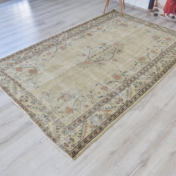 Alfombra turca grande, alfombra vintage de 15x23 cm, alfombra antigua, alfombra anatolia, alfombra de dormitorio, alfombra rústica, alfombra en tonos neutros beige/tierra.