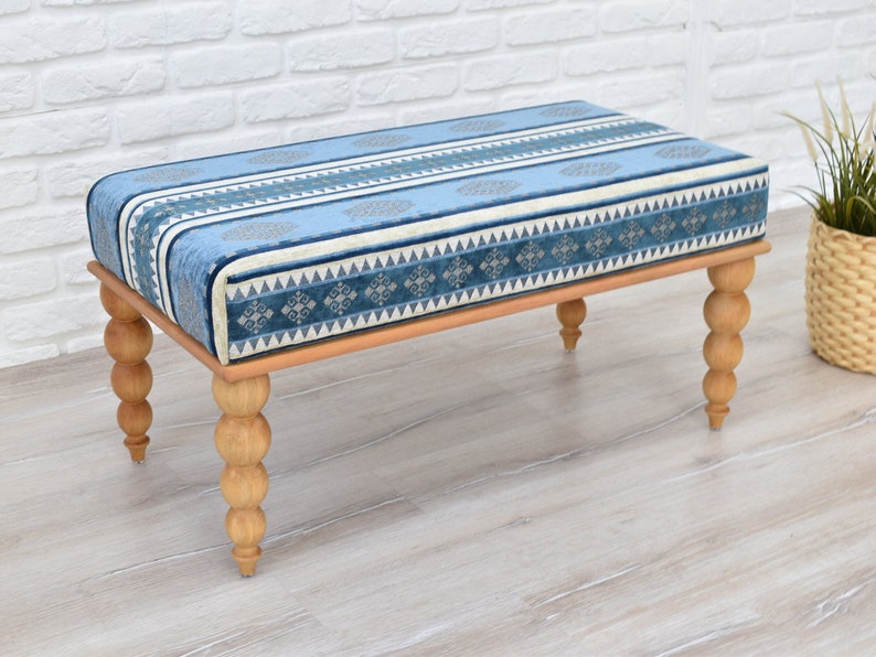 OTTOMAN BENCH / Wood Work Bench / Handmade Furniture / Upholstered Bench with Authentic Turkish Fabric / Bedroom Seat / Coffee Table image 2