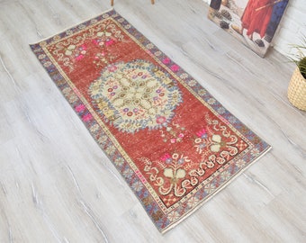 Vintage 2’5” x 5’5" Area Runner Rug Red Pink Blue Rug Amazing Colors Distressed Low Pile Wool Ushak Oushak Hand-Knotted Runner 1970s