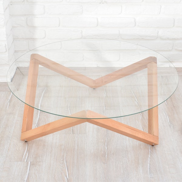 Modern Coffee Table , Large Center Table, Wood Coffee Table, Round Table Unbreakable Glass Table Top on Solid Wood Base FREE SHIPPING