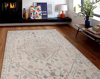 Traditional Rug 8x10, Beige Rug 5x8, Turkish Beige Rug 6x9, Oriental Area Rug, Oushak Vintage Style New Easy to Clean Designer Carpet