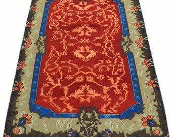 Red Wool Area Rug, Handwoven Rug, Traditional Turkish Cobalt Blue Border, Artisan Boho Eclectic Living Room Carpet