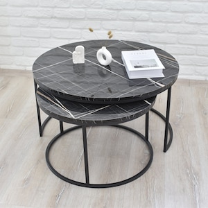 Modern Round Marble Inspired Black Coffee Table, Unique - Sophisticated look for living room, Mid Century Modern Luxury Interior Decoration