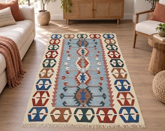 Traditional Blue Rug, 3'6" x 5'7", Flatweave Wool Turkish Rug, Natural Handmade Wool Kelim Kissen