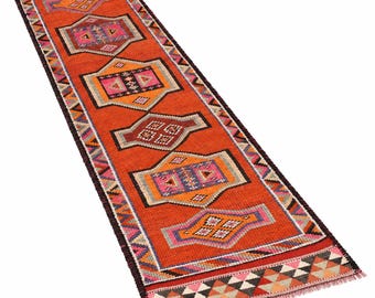 10x3 Runner Rug, Hand-Woven Turkish Wool Runner in Burnt Orange Red Geometric Pattern, Boho Tribal Multicolor Carpet