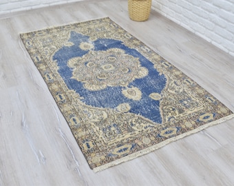 Blue Rug, Handmade Natural Area Rug, Blue Beige Turkish Carpet , Handwoven Rug, Wool and Cotton Rugs, 3x6 Vintage Rug, 3'4"x6'6"