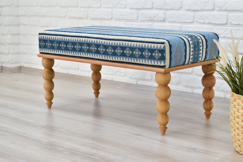 OTTOMAN BENCH / Wood Work Bench / Handmade Furniture / Upholstered Bench with Authentic Turkish Fabric / Bedroom Seat / Coffee Table image 3