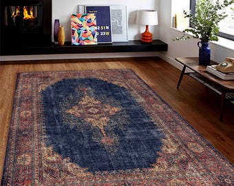 Traditional Rug 8x10, Navy Blue Rug 5x8, Blue and Red Turkish Carpet 6x9, Oriental Vintage Style Washable Rug for Living Room Bedroom