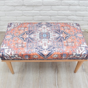 Handmade Bench, Wood Work Bench, Rug Ottoman, Gift for Her, Dining Bench, Turkish Rug Upholstered Bench, Sitting Bench, Piano Chair