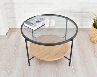 Mesa de centro redonda, mesa de centro de estilo escandinavo moderno de mediados de siglo, mesa de centro circular, mesa de centro superior de vidrio con estructura metálica