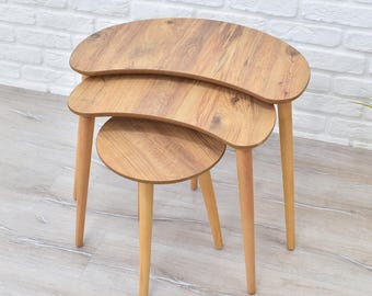 Modern Coffee Tables Nesting Tables Asymmetric Wooden Tables Minimalist Mid Century Modern Table Side Tables w/ Walnut & Neutral Pattern Opt