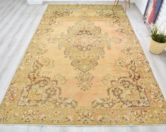 Oriental Rug, Vintage Hand Knotted Rug 6.7x11.2 , Beige Tan Neutral Wool Carpet Handmade Rug for Living Room Bedroom