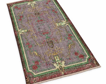 Handmade Turkish Rug, 1970s Floral Design, Wool Cotton Blend (3.6 x 6.9 ft) Purple Rug Bohemian Style Rug