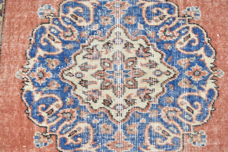 Vintage türkischer Teppich, Handgewebter Teppich, Orange Teppich mit Blauem Medaillon Design, Orientalische Handgewebte Teppiche für Wohnzimmer Schlafzimmer Bild 8