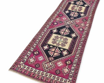 10x3 Vintage Runner Rug, Magenta Pink - Purple Wool Hallway Rug, Anatolian Tribal Carpet, Boho Entryway Rug, Geometric Runner