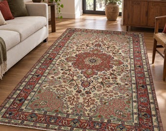 Traditional Rug, Wool Area Rug, Rust Red Sage Green Floral Hand Woven Rug, Oriental Style Carpet for Living Room Rugs for Bedroom, (4.5x8ft)