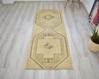 Vintage Turkish Runner Rug, Beige Farmhouse Carpet (7.4 x 2.8 feet), Small Wool Runner Rug