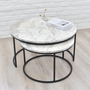 Marble Inspired Top Round Modern Coffee Table Set for Living Room, Oval Coffee Table for Living Room, Smart and Functional Nesting Tables