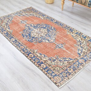 Vintage türkischer Teppich, Handgewebter Teppich, Orange Teppich mit Blauem Medaillon Design, Orientalische Handgewebte Teppiche für Wohnzimmer Schlafzimmer Bild 5