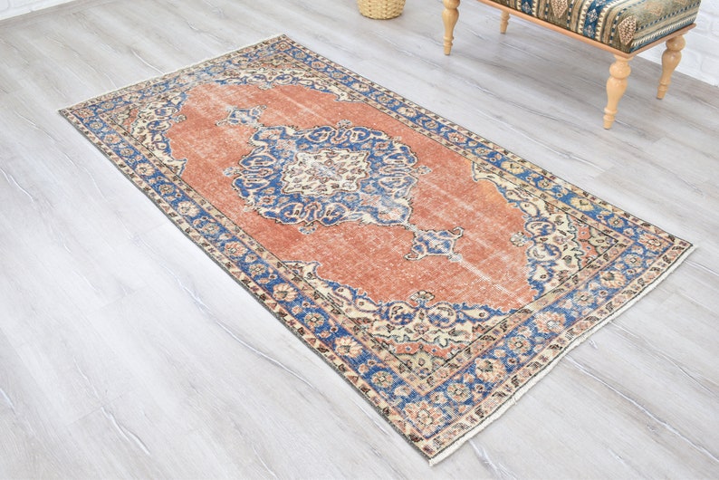Vintage türkischer Teppich, Handgewebter Teppich, Orange Teppich mit Blauem Medaillon Design, Orientalische Handgewebte Teppiche für Wohnzimmer Schlafzimmer Bild 5