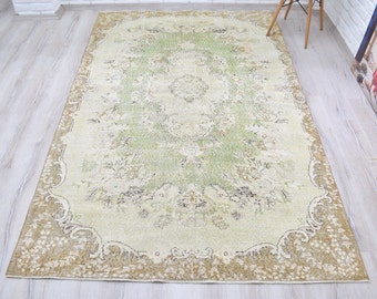 Handwoven Turkish Rug, Vintage Muted Green Beige Brown Carpet, 8.7x5.4 ft