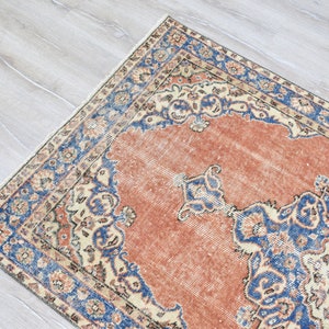 Vintage türkischer Teppich, Handgewebter Teppich, Orange Teppich mit Blauem Medaillon Design, Orientalische Handgewebte Teppiche für Wohnzimmer Schlafzimmer Bild 6