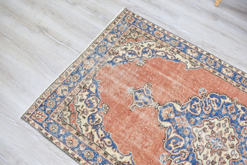 Vintage türkischer Teppich, Handgewebter Teppich, Orange Teppich mit Blauem Medaillon Design, Orientalische Handgewebte Teppiche für Wohnzimmer Schlafzimmer Bild 6