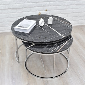 Chrome Plated Modern Marble Inspired High End Coffee Table Nesting Coffee Table Set of 2 for Living Room, Black Center Table, Low Table