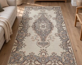 Neutral Area Rug in Gray and Cream Vintage Turkish Rug made of Wool and Cotton, 3.8x7 ft, Bohemian Carpet for Bedroom Living Room