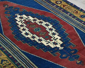 Handwoven Turkish Wool Rug, Dark Blue and Red Oriental Area Rug (4.4x7.8 ft)