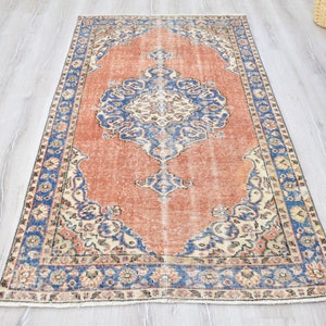 Vintage türkischer Teppich, Handgewebter Teppich, Orange Teppich mit Blauem Medaillon Design, Orientalische Handgewebte Teppiche für Wohnzimmer Schlafzimmer Bild 3