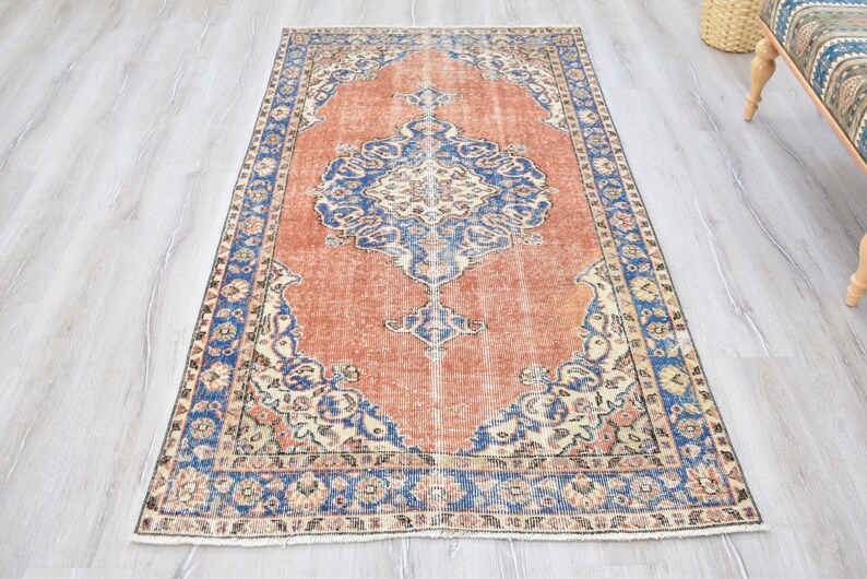 Vintage türkischer Teppich, Handgewebter Teppich, Orange Teppich mit Blauem Medaillon Design, Orientalische Handgewebte Teppiche für Wohnzimmer Schlafzimmer Bild 3