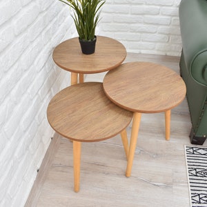 Nesting Table Set of 3 -  End Tables - Mid Century Modern, Useful Tables with Wooden Tapered Legs, Home Furniture, Round Couch Table Set