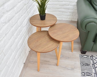 Nesting Table Set of 3 -  End Tables - Mid Century Modern, Useful Tables with Wooden Tapered Legs, Home Furniture, Round Couch Table Set