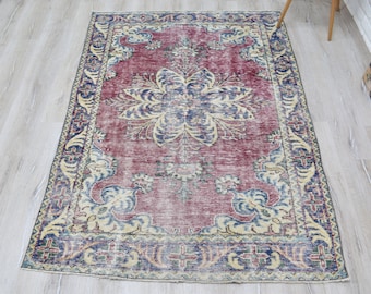 Vintage Oushak Rug,  4'2" x 6'3", Turkish Carpet, Purple Rug, Handmade Rug, Boho Rug, Anatolian Rug, Decorative Rug, Dark Blue Rug, Navy Rug