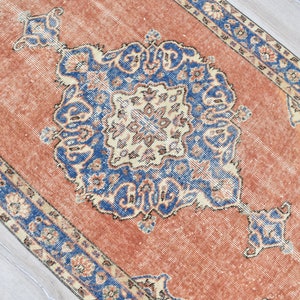 Vintage türkischer Teppich, Handgewebter Teppich, Orange Teppich mit Blauem Medaillon Design, Orientalische Handgewebte Teppiche für Wohnzimmer Schlafzimmer Bild 7