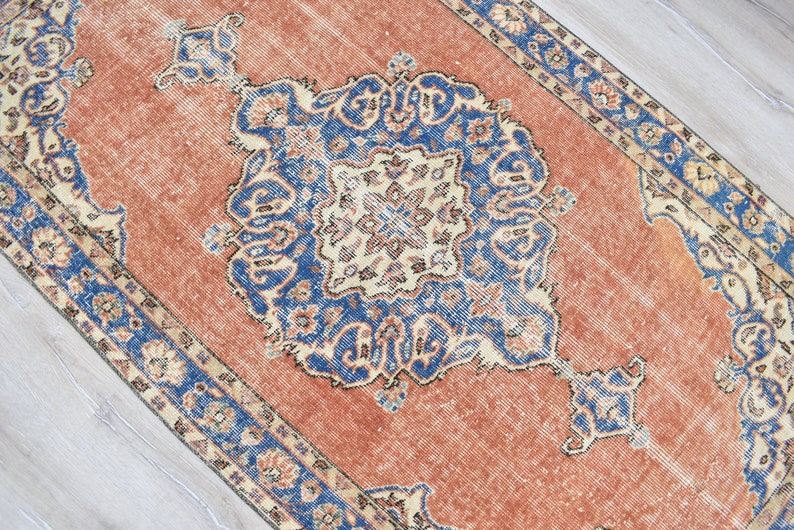 Vintage türkischer Teppich, Handgewebter Teppich, Orange Teppich mit Blauem Medaillon Design, Orientalische Handgewebte Teppiche für Wohnzimmer Schlafzimmer Bild 7