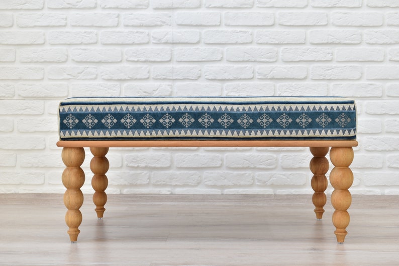 OTTOMAN BENCH / Wood Work Bench / Handmade Furniture / Upholstered Bench with Authentic Turkish Fabric / Bedroom Seat / Coffee Table image 5