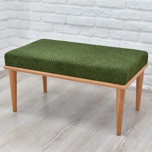 Banco feito à mão, banco de trabalho de madeira, banco estofado em tecido de pelúcia verde, banco para sentar, banco de piano, banco otomano grande