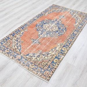 Vintage türkischer Teppich, Handgewebter Teppich, Orange Teppich mit Blauem Medaillon Design, Orientalische Handgewebte Teppiche für Wohnzimmer Schlafzimmer Bild 4