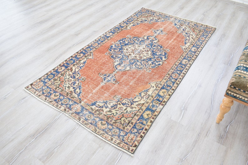 Vintage türkischer Teppich, Handgewebter Teppich, Orange Teppich mit Blauem Medaillon Design, Orientalische Handgewebte Teppiche für Wohnzimmer Schlafzimmer Bild 4