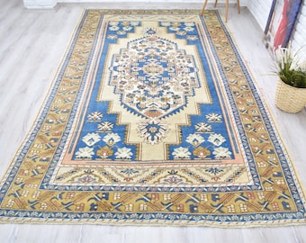 Vintage Blue Turkish Wool Rug, Handwoven Anatolian Carpet (6'2" x 10'5")