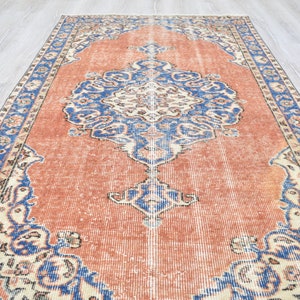 Vintage türkischer Teppich, Handgewebter Teppich, Orange Teppich mit Blauem Medaillon Design, Orientalische Handgewebte Teppiche für Wohnzimmer Schlafzimmer Bild 1