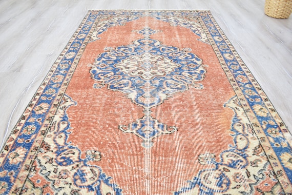 Vintage Turkish Rug, Handwoven Carpet,3'6"x6'7", Orange Rug with Blue Medallion Design, Oriental Handmade Rugs for Living Room Bedroom